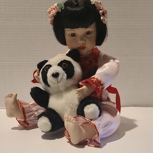 Pink and Black Doll with Panda Plush Toy Set